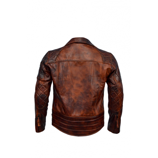 Classic Diamond Motorcycle Biker Brown Distressed Vintage Leather Jacket