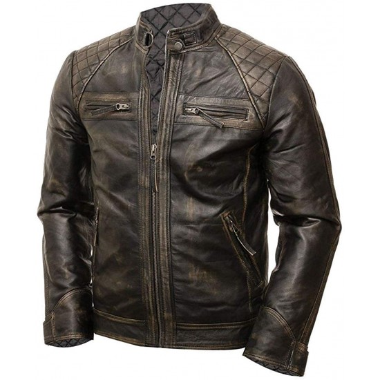Men's Quilted Motorcycle Padded Shoulder Vintage Shade Racer Wax Leather Jacket