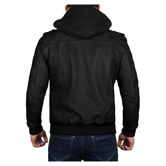 Mens 100% Real Leather Hand Waxed Removable Hood Leather Jacket