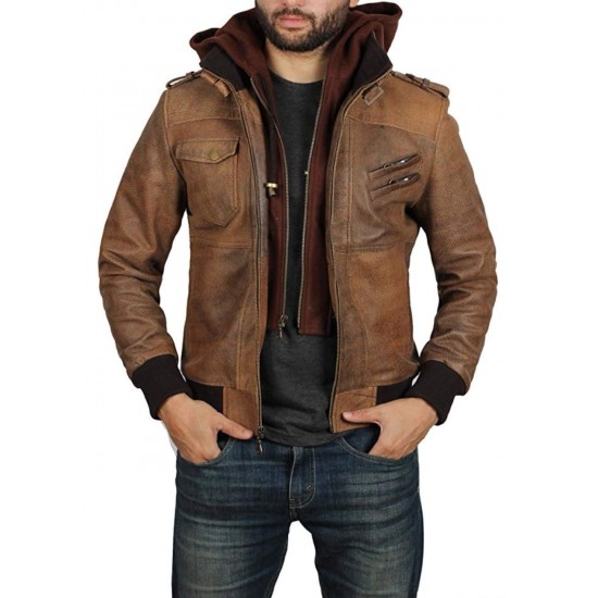 Mens 100% Real Leather Hand Waxed Removable Hood Leather Jacket