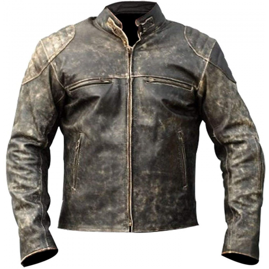 Mens Antique Black Distressed Urban Washed Biker Genuine Motorcycle Leather Jacket