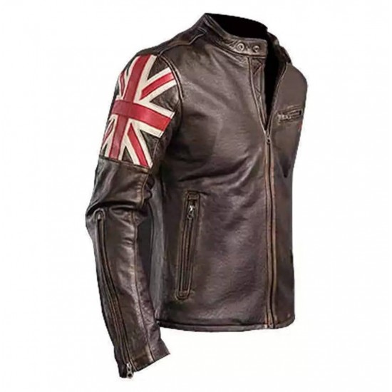 Mens Biker Vintage Motorcycle Cafe Racer Brown Distressed Real Leather Jacket with UK Flag