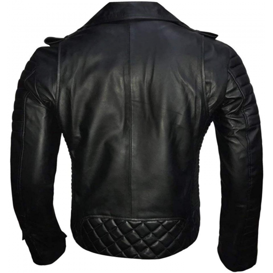 Mens Black Biker Diamond Golden Quilted Cafe Racer Leather Jacket