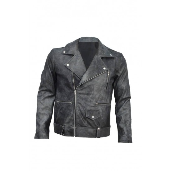 Mens Distressed Black Biker Motorcycle Genuine Leather Jacket