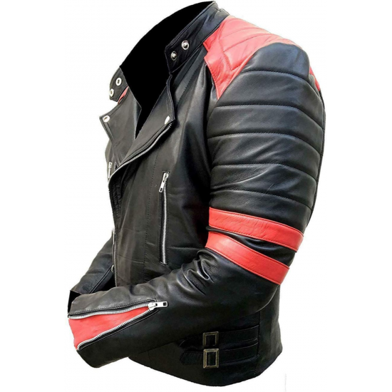 Mens Brando Classic Biker Red and Black Vintage Motorcycle Genuine Leather Jacket
