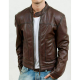 Mens Brown Biker Motorcycle Slim Fit Stylish Collar Real Leather Jacket