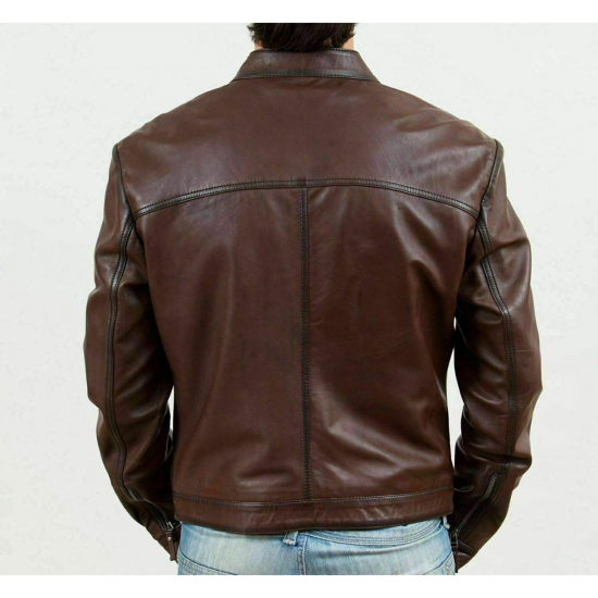 Mens Brown Biker Motorcycle Slim Fit Stylish Collar Real Leather Jacket