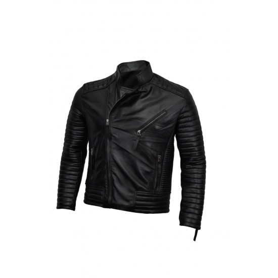 Mens Cafe Racer Padded Black Biker Real Leather Jacket