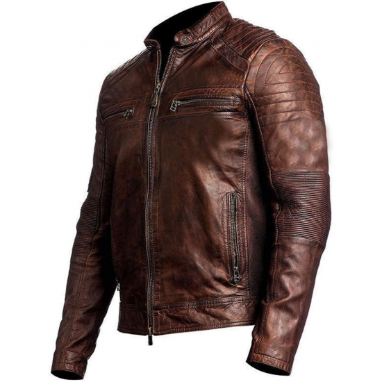 Mens Cafe Racer Vintage Distressed Biker Leather Jacket