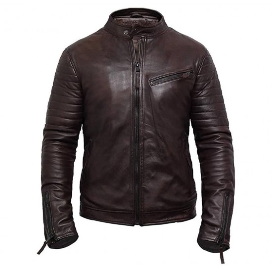 Mens Genuine Soft Washed Leather Biker Simple Vintage Jacket