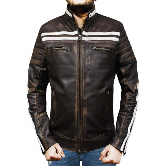 Mens Moto & Cafe Racer Retro Stripped Distressed Fashion Leather Jacket