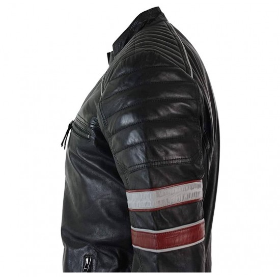 Mens Racing Biker Red White Stripes Real Leather Casual Fit Moto Jacket