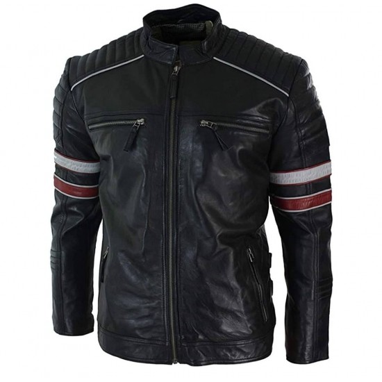 Mens Racing Biker Red White Stripes Real Leather Casual Fit Moto Jacket