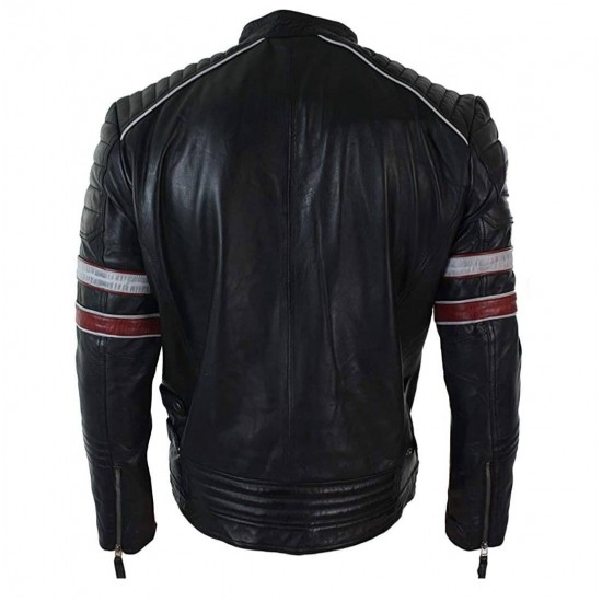 Mens Racing Biker Red White Stripes Real Leather Casual Fit Moto Jacket