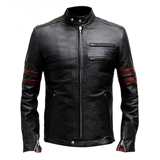 Mens Red Strips Hybrid Mayhem Biker Style Fight Club Real Leather Jacket