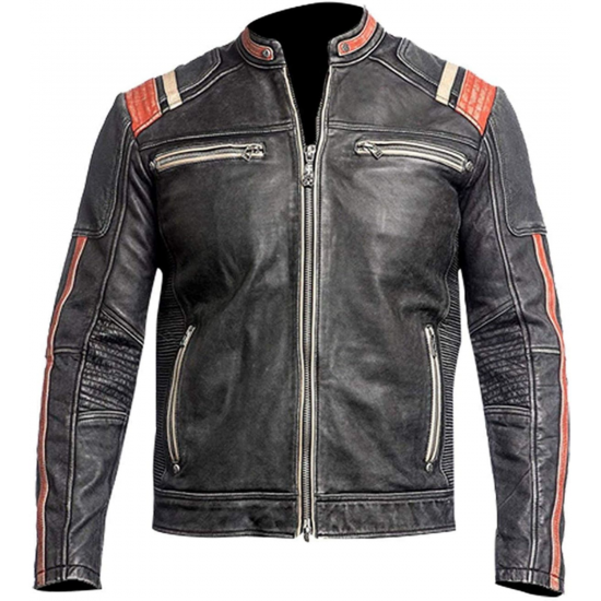 Mens Retro 3 Vintage Cafe Racer Distressed Black Biker Motorcycle Real Leather Jacket