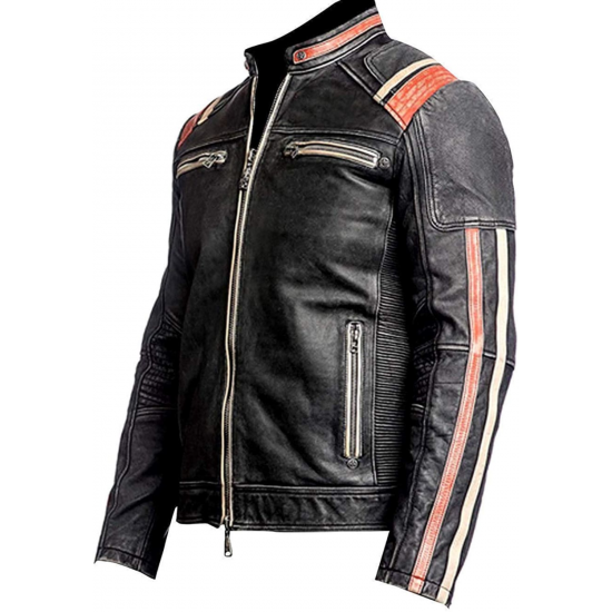 Mens Retro 3 Vintage Cafe Racer Distressed Black Biker Motorcycle Real Leather Jacket