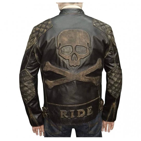 Mens Skull Reinforced Ride Vintage Distressed Biker Genuine Leather Jacket