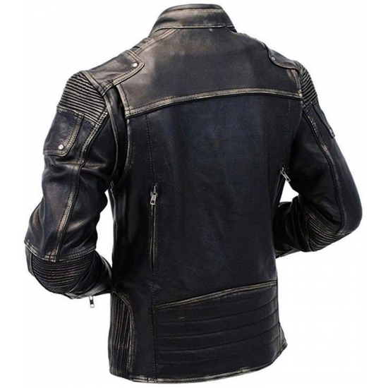 Mens Vintage Biker Style Motorcycle Cafe Racer Distressed Leather Jacket