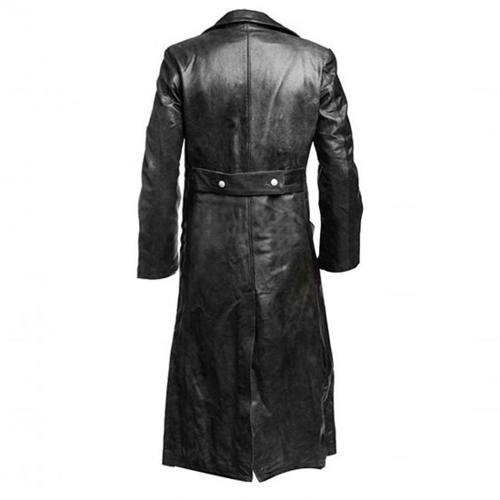 Mens German Classic WW2 Military Officer Uniform Black Real Leather Trench Coat