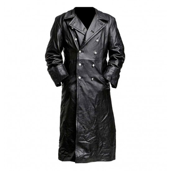 Mens German Classic WW2 Military Officer Uniform Black Real Leather Trench Coat